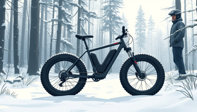 Leveärenkainen sähköavusteinen fatbike seisoo lumisessa maisemassa polkumaiseman vieressä, talviajoon varustettuna.
