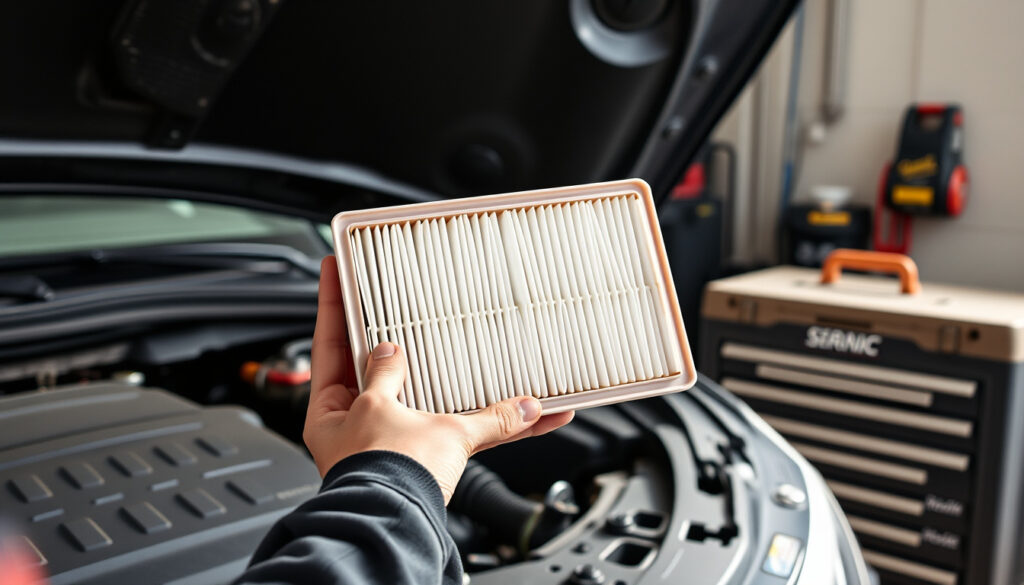 Avotunnelma autotallissa: moottoritilaan kannettava uusi suodatinosa auton huoltoa varten, työkalut ja avoin konepelti taustalla.