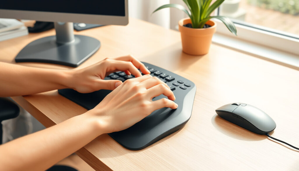 Aaltomainen ergonominen näppäimistö ja pystyhiiri työpöydällä toimistotyön näytteenä.