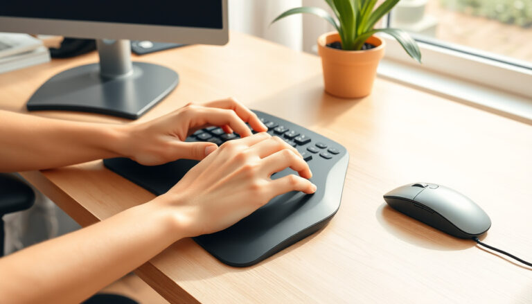 Aaltomainen ergonominen näppäimistö ja pystyhiiri työpöydällä toimistotyön näytteenä.